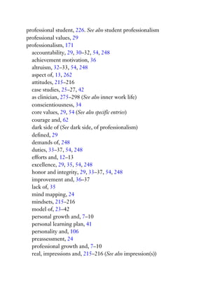 professional student, 226. See also student professionalism
professional values, 29
professionalism, 171
accountability, 29, 30–32, 54, 248
achievement motivation, 36
altruism, 32–33, 54, 248
aspect of, 13, 262
attitudes, 215–216
case studies, 25–27, 42
as clinician, 275–298 (See also inner work life)
conscientiousness, 34
core values, 29, 54 (See also specific entries)
courage and, 62
dark side of (See dark side, of professionalism)
defined, 29
demands of, 248
duties, 33–37, 54, 248
efforts and, 12–13
excellence, 29, 35, 54, 248
honor and integrity, 29, 33–37, 54, 248
improvement and, 36–37
lack of, 35
mind mapping, 24
mindsets, 215–216
model of, 23–42
personal growth and, 7–10
personal learning plan, 41
personality and, 106
preassessment, 24
professional growth and, 7–10
real, impressions and, 215–216 (See also impression(s))
 