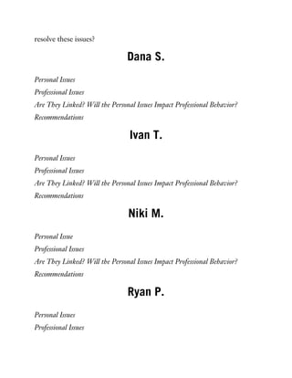 resolve these issues?
Dana S.
Personal Issues
Professional Issues
Are They Linked? Will the Personal Issues Impact Professional Behavior?
Recommendations
Ivan T.
Personal Issues
Professional Issues
Are They Linked? Will the Personal Issues Impact Professional Behavior?
Recommendations
Niki M.
Personal Issue
Professional Issues
Are They Linked? Will the Personal Issues Impact Professional Behavior?
Recommendations
Ryan P.
Personal Issues
Professional Issues
 