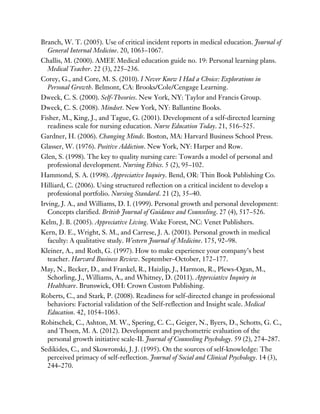 Branch, W. T. (2005). Use of critical incident reports in medical education. Journal of
General Internal Medicine. 20, 1063–1067.
Challis, M. (2000). AMEE Medical education guide no. 19: Personal learning plans.
Medical Teacher. 22 (3), 225–236.
Corey, G., and Core, M. S. (2010). I Never Knew I Had a Choice: Explorations in
Personal Growth. Belmont, CA: Brooks/Cole/Cengage Learning.
Dweck, C. S. (2000). Self-Theories. New York, NY: Taylor and Francis Group.
Dweck, C. S. (2008). Mindset. New York, NY: Ballantine Books.
Fisher, M., King, J., and Tague, G. (2001). Development of a self-directed learning
readiness scale for nursing education. Nurse Education Today. 21, 516–525.
Gardner, H. (2006). Changing Minds. Boston, MA: Harvard Business School Press.
Glasser, W. (1976). Positive Addiction. New York, NY: Harper and Row.
Glen, S. (1998). The key to quality nursing care: Towards a model of personal and
professional development. Nursing Ethics. 5 (2), 95–102.
Hammond, S. A. (1998). Appreciative Inquiry. Bend, OR: Thin Book Publishing Co.
Hilliard, C. (2006). Using structured reflection on a critical incident to develop a
professional portfolio. Nursing Standard. 21 (2), 35–40.
Irving, J. A., and Williams, D. I. (1999). Personal growth and personal development:
Concepts clarified. British Journal of Guidance and Counseling. 27 (4), 517–526.
Kelm, J. B. (2005). Appreciative Living. Wake Forest, NC: Venet Publishers.
Kern, D. E., Wright, S. M., and Carrese, J. A. (2001). Personal growth in medical
faculty: A qualitative study. Western Journal of Medicine. 175, 92–98.
Kleiner, A., and Roth, G. (1997). How to make experience your company’s best
teacher. Harvard Business Review. September–October, 172–177.
May, N., Becker, D., and Frankel, R., Haizlip, J., Harmon, R., Plews-Ogan, M.,
Schorling, J., Williams, A., and Whitney, D. (2011). Appreciative Inquiry in
Healthcare. Brunswick, OH: Crown Custom Publishing.
Roberts, C., and Stark, P. (2008). Readiness for self-directed change in professional
behaviors: Factorial validation of the Self-reflection and Insight scale. Medical
Education. 42, 1054–1063.
Robitschek, C., Ashton, M. W., Spering, C. C., Geiger, N., Byers, D., Schotts, G. C.,
and Thoen, M. A. (2012). Development and psychometric evaluation of the
personal growth initiative scale-II. Journal of Counseling Psychology. 59 (2), 274–287.
Sedikides, C., and Skowronski, J. J. (1995). On the sources of self-knowledge: The
perceived primacy of self-reflection. Journal of Social and Clinical Psychology. 14 (3),
244–270.
 