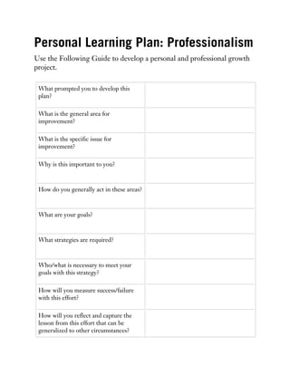 Personal Learning Plan: Professionalism
Use the Following Guide to develop a personal and professional growth
project.
What prompted you to develop this
plan?
What is the general area for
improvement?
What is the specific issue for
improvement?
Why is this important to you?
How do you generally act in these areas?
What are your goals?
What strategies are required?
Who/what is necessary to meet your
goals with this strategy?
How will you measure success/failure
with this effort?
How will you reflect and capture the
lesson from this effort that can be
generalized to other circumstances?
 