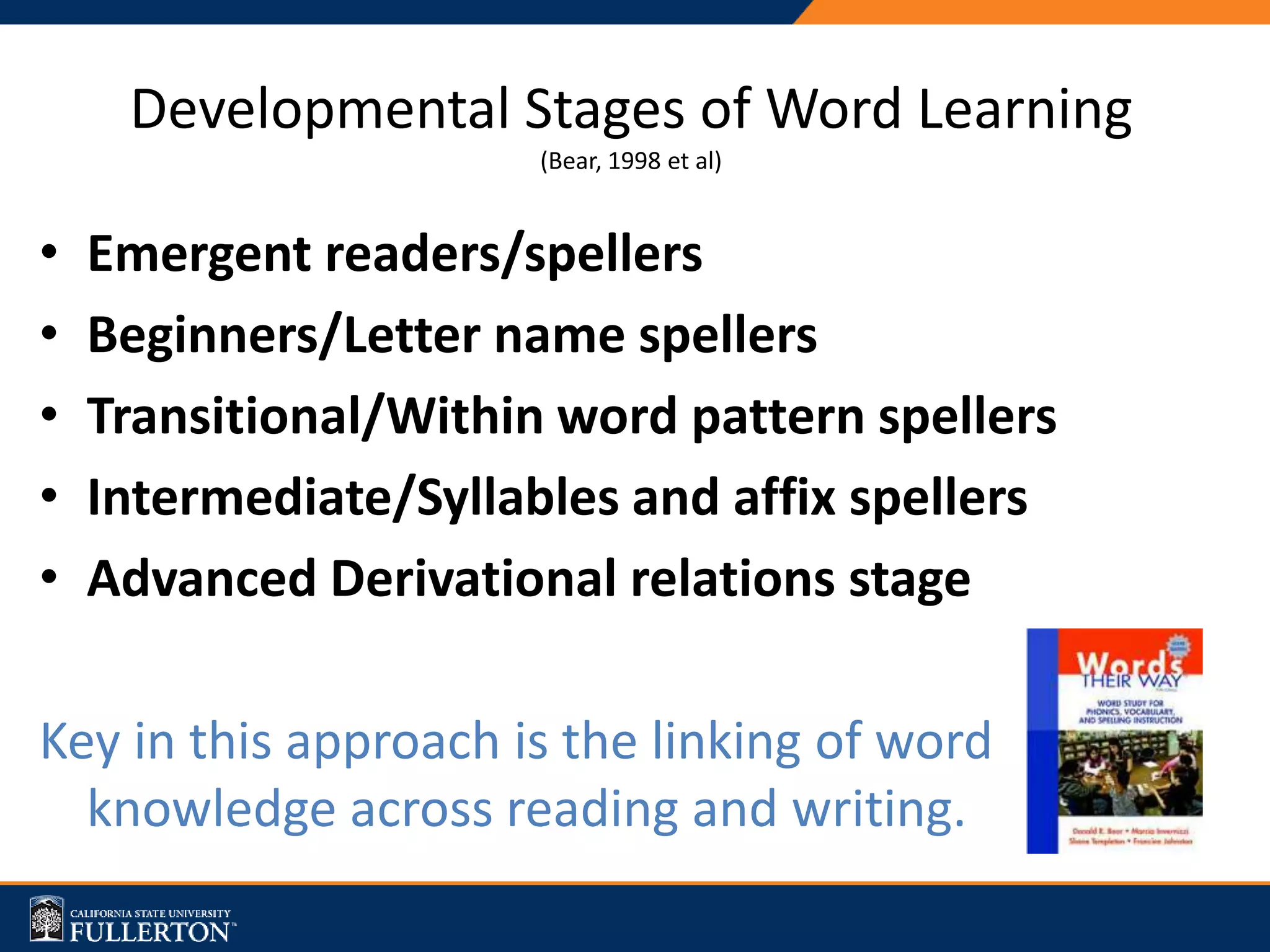 Developmental Stages of Word Learning
(Bear, 1998 et al)
• Emergent readers/spellers
• Beginners/Letter name spellers
• Transitional/Within word pattern spellers
• Intermediate/Syllables and affix spellers
• Advanced Derivational relations stage
Key in this approach is the linking of word
knowledge across reading and writing.
 