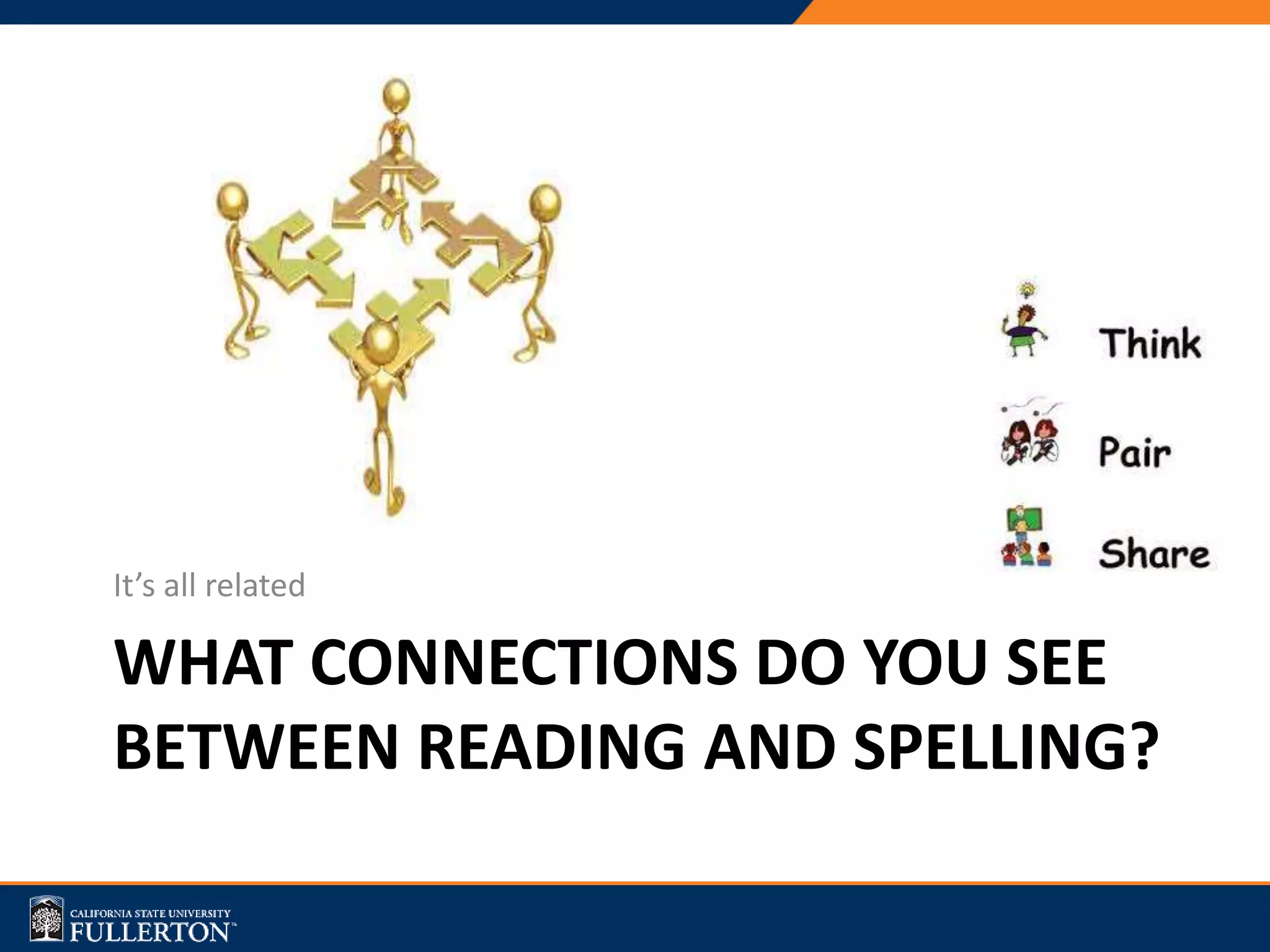WHAT CONNECTIONS DO YOU SEE
BETWEEN READING AND SPELLING?
It’s all related
 