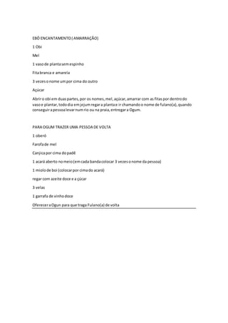 EBÓ ENCANTAMENTO( AMARRAÇÃO)
1 Obi
Mel
1 vasode plantasemespinho
Fitabranca e amarela
3 vezesonome umpor cima do outro
Açúcar
Abriro obi em duaspartes,por os nomes,mel,açúcar,amarrar com as fitaspor dentrodo
vasoe plantar,tododia emjejumregara plantae ir chamandoo nome de fulano(a),quando
conseguirapessoalevarnumrio ou na praia,entregara Ogum.
PARA OGUM TRAZER UMA PESSOA DE VOLTA
1 oberó
Farofade mel
Canjicapor cima dopadê
1 acará aberto nomeio(emcada bandacolocar 3 vezesonome da pessoa)
1 miolode boi (colocarpor cimado acará)
regar com azeite doce e a çúcar
3 velas
1 garrafa de vinhodoce
OfereceraOgun para que traga Fulano(a) de volta
 