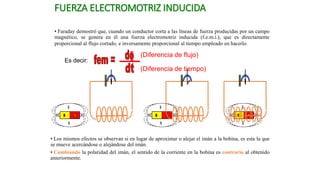 FUERZA ELECTROMOTRIZ INDUCIDA
• Faraday demostró que, cuando un conductor corta a las líneas de fuerza producidas por un campo
magnético, se genera en él una fuerza electromotriz inducida (f.e.m.i.), que es directamente
proporcional al flujo cortado, e inversamente proporcional al tiempo empleado en hacerlo.
Es decir:
• Los mismos efectos se observan si en lugar de aproximar o alejar el imán a la bobina, es esta la que
se mueve acercándose o alejándose del imán.
• Cambiando la polaridad del imán, el sentido de la corriente en la bobina es contrario al obtenido
anteriormente.
(Diferencia de flujo)
(Diferencia de tiempo)
 