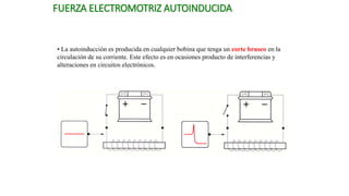FUERZA ELECTROMOTRIZ AUTOINDUCIDA
• La autoinducción es producida en cualquier bobina que tenga un corte brusco en la
circulación de su corriente. Este efecto es en ocasiones producto de interferencias y
alteraciones en circuitos electrónicos.
 