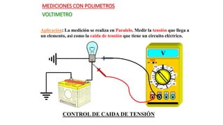 MEDICIONES CON POLIMETROS
VOLTIMETRO
Aplicación: La medición se realiza en Paralelo. Medir la tensión que llega a
un elemento, asi como la caída de tensión que tiene un circuito eléctrico.
V
CONTROL DE CAIDA DE TENSIÓN
 