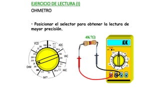 EJERCICIO DE LECTURA (I)
OHMETRO
4K7
• Posicionar el selector para obtener la lectura de
mayor precisión.
 