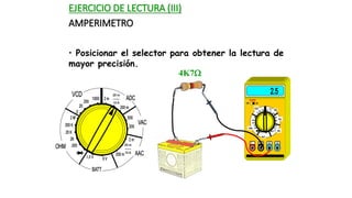 EJERCICIO DE LECTURA (III)
AMPERIMETRO
4K7
• Posicionar el selector para obtener la lectura de
mayor precisión.
 