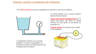 TENSION, VOLTAJE O DIFERENCIA DE POTENCIAL
P
0
• Es la fuerza eléctrica con que son empujados los electrones a través de un conductor.
La tensión aparece en los circuitos eléctrico
bajo dos formas distintas:
Fuerza electromotriz inducida (f.e.m.): Es la
tensión que genera una fuente de energía
eléctrica, tal como puede ser una batería, un
generador, etc...
Caída de tensión: Es la tensión que se pierde
en los receptores.
• Comparando el término con un circuito
hidráulico, la tensión correspondería a la
presión que se aplica a un fluido para que éste
se desplace por un conducto.
V
 