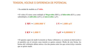 TENSION, VOLTAJE O DIFERENCIA DE POTENCIAL
• Su unidad de medida es el Voltio.
• El voltio (V) tiene como múltiplo el Megavoltio (MV) y el Kilovoltio (KV) y como
submúltiplos el milivoltio (mV) y el microvoltio ( µV).
1 MV = 1.000.000 V 1 V = 1.000 mV
1 KV = 1.000 V 1 µV = 0,000001 V
• El aparato capaz de medir la tensión se llama voltímetro y se conecta en derivación o
en paralelo con el circuito cuya tensión se quiera conocer. Dicho de otra forma, los
bornes del voltímetro deben unirse a los dos puntos entre los que existe d.d.p o tensión
que se quiere medir.
 