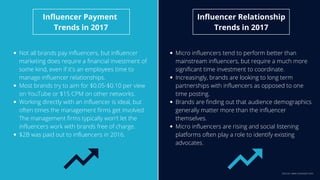Not all brands pay influencers, but influencer
marketing does require a financial investment of
some kind, even if it's an employees time to
manage influencer relationships.
Most brands try to aim for $0.05-$0.10 per view
on YouTube or $15 CPM on other networks.
Working directly with an influencer is ideal, but
often times the management firms get involved.
The management firms typically won't let the
influencers work with brands free of charge.
$2B was paid out to influencers in 2016.
Micro influencers tend to perform better than
mainstream influencers, but require a much more
significant time investment to coordinate.
Increasingly, brands are looking to long term
partnerships with influencers as opposed to one
time posting.
Brands are finding out that audience demographics
generally matter more than the influencer
themselves.
Micro influencers are rising and social listening
platforms often play a role to identify existing
advocates.
Influencer Payment
Trends in 2017
Influencer Relationship
Trends in 2017
Source: www.neoreach.com
 