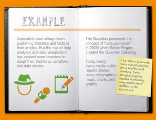 Journalists have always been
publishing statistics and facts in
their articles. But the rise of data
analytics and data visualization
has caused more reporters to
adapt their traditional narratives
into data stories.
The Guardian pioneered the
concept of “data journalism”
in 2009 when Simon Rogers
created the Guardian Datablog.
Today nearly
every media outlet
reports stories
using infographics,
maps, charts, and
graphs.
The reason is simple.Data visualizationsdrive traffic and
sharing. Data
storytelling has
become a primary
way media serve
readers in the
digital era.
 
