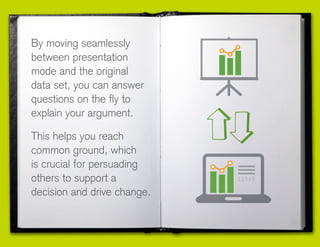By moving seamlessly
between presentation
mode and the original
data set, you can answer
questions on the fly to
explain your argument.
This helps you reach
common ground, which
is crucial for persuading
others to support a
decision and drive change.
 