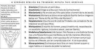 Portanto, vão e façam
discípulos de todas as
nações, batizando-os em
nome do Pai e do Filho e do
Espírito Santo,
MT 28.19
A graça do Senhor Jesus
Cristo, o amor de Deus e a
comunhão do Espírito Santo
sejam com todos vocês.
2 Coríntios 13:14
A V E R D A D E B Í B L I C A D A T R I N D A D E R E F U T A T A I S H E R E S I A S
 