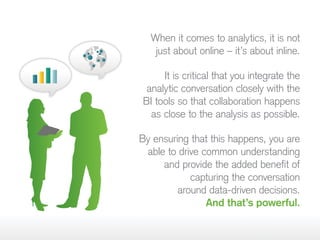 When it comes to analytics, it is not
just about online – it’s about inline.
It is critical that you integrate the
analytic conversation closely with the
BI tools so that collaboration happens
as close to the analysis as possible.
By ensuring that this happens, you are
able to drive common understanding
and provide the added benefit of
capturing the conversation
around data-driven decisions.
And that’s powerful.
 