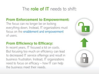 The role of IT needs to shift:
From Enforcement to Empowerment:
The focus can no longer be on locking
everything down. Instead, IT organizations must
focus on the enablement and empowerment
of users.
From Efficiency to Efficacy:
In recent years, IT focused a lot on costs.
But focusing too much on efficiency can lead
to decreased IT service offerings and result in
business frustration. Instead, IT organizations
need to focus on efficacy – how IT can help
the business meet their needs.
 