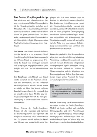 12        Die fünf Säulen effektiver Gesprächsrhetorik



Das Sender-Empfänger-Prinzip                     gängen, die sich unter anderem auch im
Der einfachste und überschaubarste Fall          Inneren der einzelnen Personen abspielen.
von zwischenmenschlicher Kommunikation           Der Sender muss beispielsweise erst einmal
ist die Gesprächssituation zwischen zwei         die Kommunikationsinhalte kreieren und
Menschen. Das Sender-Empfänger-Modell            auswählen, dann die Nachricht kodieren und
betrachtet diesen Fall und beschreibt anhand     sich für einen geeigneten Übertragungsweg
dessen die ganz grundsätzliche Funktions-        entscheiden. Seitens des Empfängers betrifft
weise von Kommunikation: Kommunikation           das entsprechend die Wahrnehmung des
wird hier definiert als die Übertragung einer    Signals (das sowohl verbaler als auch nicht
Nachricht von einem Sender zu einem Emp-         verbaler Natur sein kann), dessen Dekodie-
fänger.                                          rung und anschließend das Verstehen und
                                                 Interpretieren der Nachricht.
Der Sender verschlüsselt dazu die Informa-
tion der Nachricht in ein bestimmtes Signal      Daraus ist ersichtlich, dass Kommunikation
(zum Beispiel mithilfe des Sprechapparats in     eben nicht nur eine direkte und eindeutige
ein hörbares Signal aus gesprochenen Wör-        Vermittlung von klaren Botschaften ist, son-
tern), das Signal wird übertragen und dann       dern oft mit dem Deuten und Interpretieren
vom Empfänger entgegengenommen (zum              der empfangenen Signale einhergeht. Häufig
Beispiel über das Ohr als wahrnehmendes          sind in diesem Umstand die Ursachen für
Organ).                                          Missverständnisse und das Misslingen von
                                                 Kommunikation zu finden, denn Interpreta-
Der Empfänger entschlüsselt das Signal           tionen bergen großes Potenzial für Fehler,
wieder und erhält mit der Nachricht schließ-     Abweichungen und Unsicherheiten.
lich eine Information, die im allerbesten
Falle die gleiche ist wie die, die der Sender         Merke
verschickt hat. Dass dies jedoch nicht der         Kommunikation ist nicht immer eindeu-
Regelfall ist, zeigt bereits der Umstand, dass     tig. Denn das Deuten und Interpretieren
als Grundbaustein dieses Modells eine Stö-         von Signalen führt oft zu Missverständ-
rungsquelle mitgedacht wird, die die Signal-       nissen.

übertragung in unterschiedlichem Maße be-
hindern kann.                                    Bei der Betrachtung von Kommunikations-
                                                 vorgängen werden im Sender-Empfänger-
Dieses Schema des Sender-Empfänger-              Modell, wie bereits erwähnt, auch mögliche
Prinzips ist sehr vereinfacht und stellt nur     Störungsquellen und ihre Auswirkungen
die Grundkomponenten des eigentlich sehr         auf die Signalübertragung berücksichtigt.
komplexen Prozesses von Kommunikation            Störungsquellen beeinträchtigen zum Bei-
dar. Der genaue Ablauf umfasst im Detail         spiel direkt das Signal auf seinem Weg zum
eine Vielzahl von unterschiedlichsten Vor-       Empfänger – wie eine laute Geräuschkulisse,




                BusinessVillage – Update your Knowledge!
 