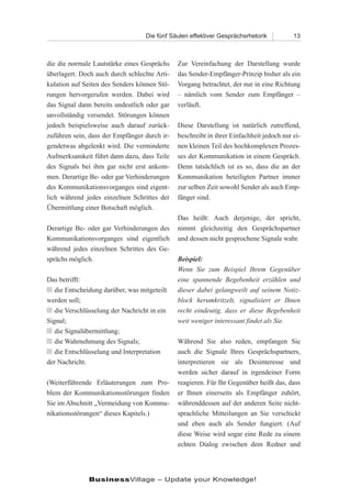 Die fünf Säulen effektiver Gesprächsrhetorik           13



die die normale Lautstärke eines Gesprächs    Zur Vereinfachung der Darstellung wurde
überlagert. Doch auch durch schlechte Arti-   das Sender-Empfänger-Prinzip bisher als ein
kulation auf Seiten des Senders können Stö-   Vorgang betrachtet, der nur in eine Richtung
rungen hervorgerufen werden. Dabei wird       – nämlich vom Sender zum Empfänger –
das Signal dann bereits undeutlich oder gar   verläuft.
unvollständig versendet. Störungen können
jedoch beispielsweise auch darauf zurück-     Diese Darstellung ist natürlich zutreffend,
zuführen sein, dass der Empfänger durch ir-   beschreibt in ihrer Einfachheit jedoch nur ei-
gendetwas abgelenkt wird. Die verminderte     nen kleinen Teil des hochkomplexen Prozes-
Aufmerksamkeit führt dann dazu, dass Teile    ses der Kommunikation in einem Gespräch.
des Signals bei ihm gar nicht erst ankom-     Denn tatsächlich ist es so, dass die an der
men. Derartige Be- oder gar Verhinderungen    Kommunikation beteiligten Partner immer
des Kommunikationsvorganges sind eigent-      zur selben Zeit sowohl Sender als auch Emp-
lich während jedes einzelnen Schrittes der    fänger sind.
Übermittlung einer Botschaft möglich.
                                              Das heißt: Auch derjenige, der spricht,
Derartige Be- oder gar Verhinderungen des     nimmt gleichzeitig den Gesprächspartner
Kommunikationsvorganges sind eigentlich       und dessen nicht gesprochene Signale wahr.
während jedes einzelnen Schrittes des Ge-
sprächs möglich.                              Beispiel:
                                              Wenn Sie zum Beispiel Ihrem Gegenüber
Das betrifft:                                 eine spannende Begebenheit erzählen und
n die Entscheidung darüber, was mitgeteilt    dieser dabei gelangweilt auf seinem Notiz-
werden soll;                                  block herumkritzelt, signalisiert er Ihnen
n die Verschlüsselung der Nachricht in ein    recht eindeutig, dass er diese Begebenheit
Signal;                                       weit weniger interessant findet als Sie.
n die Signalübermittlung;
n die Wahrnehmung des Signals;                Während Sie also reden, empfangen Sie
n die Entschlüsselung und Interpretation      auch die Signale Ihres Gesprächspartners,
der Nachricht.                                interpretieren sie als Desinteresse und
                                              werden sicher darauf in irgendeiner Form
(Weiterführende Erläuterungen zum Pro-        reagieren. Für Ihr Gegenüber heißt das, dass
blem der Kommunikationsstörungen finden       er Ihnen einerseits als Empfänger zuhört,
Sie im Abschnitt „Vermeidung von Kommu-       währenddessen auf der anderen Seite nicht-
nikationsstörungen“ dieses Kapitels.)         sprachliche Mitteilungen an Sie verschickt
                                              und eben auch als Sender fungiert. (Auf
                                              diese Weise wird sogar eine Rede zu einem
                                              echten Dialog zwischen dem Redner und




              BusinessVillage – Update your Knowledge!
 