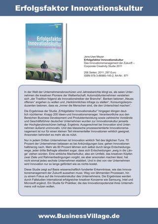 Erfolgsfaktor Innovationskultur




                                                  Jens-Uwe Meyer
                                                  Erfolgsfaktor Innovationskultur
                                                  Das Innovationsmanagement der Zukunft –
                                                  Corporate Creativity Studie 2011

                                                  206 Seiten; 2011; 297 Euro
                                                  ISBN 978-3-86980-145-2; Art-Nr.: 871




  In der Welt der Unternehmensbroschüren und Jahresberichte klingt es, als seien Unter-
  nehmen die kreativen Pioniere der Weltwirtschaft. Automobilunternehmen verstehen
  sich „der Tradition folgend als Innovationstreiber der Branche“, Banken betonen „Neues
  offensiv“ angehen zu wollen und „Herkömmliches infrage zu stellen“, Konsumgüterpro-
  duzenten betonen, dass es „immer die Menschen sind, die den Unterschied machen“.
  Die Ergebnisse der Studie „Erfolgsfaktor Innovationskultur“ hingegen klingen deut-
  lich nüchterner. Knapp 200 Ideen-und Innovationsmanager, Verantwortliche aus den
  Bereichen Business Development und Produktentwicklung sowie zahlreiche Vorstände
  und Geschäftsführer deutscher Unternehmen wurden zur Innovationskultur jenseits
  der Hochglanzbroschüren befragt. Ergebnis: Ausgerechnet bei Innovation sind Unter-
  nehmen äußerst uninnovativ. Und das klassische prozessorientierte Innovationsma-
  nagement ist nur für einen kleinen Teil inkrementeller Innovationen wirklich geeignet.
  Ansonsten behindert es mehr als es nützt.
  Nur in jedem Dritten Unternehmen ist Innovation wirklich Teil des täglichen Tuns. 70
  Prozent der Unternehmen belassen es bei Ankündigungen bzw. gehen Innovationen
  halbherzig nach. Mehr als 80 Prozent lähmen sich selbst durch lange Entscheidungs-
  wege, jeder dritte Befragte attestiert sogar, dass sich Entscheidungen „ewig in die Län-
  ge“ ziehen würden. Eine wirkliche Macherkultur, also ein Umfeld, das kreativen Köpfen
  zwar Ziele und Rahmenbedingungen vorgibt, sie aber ansonsten machen lässt, hat
  nicht einmal jedes sechste Unternehmen etabliert. Und in drei von vier Unternehmen
  wird Innovation nur so lange gefördert wie es nichts kostet.
  Diese Studie zeigt auf Basis wissenschaftlich fundierter Erkenntnisse, wie das Innova-
  tionsmanagement der Zukunft aussehen muss: Weg von lähmenden Prozessen, hin
  zu einem Fokus auf die Innovationskultur des Unternehmens. Die Ergebnisse werden
  durch Fallstudien international erfolgreicher kreativer Konzerne wie Samsung, Intel und
  Microsoft ergänzt. Ein Studie für Praktiker, die das Innovationspotenzial ihres Unterneh-
  mens voll nutzen wollen.




             www.BusinessVillage.de
 