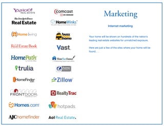 Marketing
Internet marketing
Your home will be shown on hundreds of the nation’s
leading real estate websites for unmatched exposure.

Here are just a few of the sites where your home will be
found. . .
 