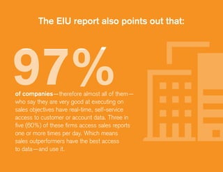 The EIU report also points out that:
of companies—therefore almost all of them—
who say they are very good at executing on
sales objectives have real-time, self-service
access to customer or account data. Three in
five (60%) of these firms access sales reports
one or more times per day. Which means
sales outperformers have the best access
to data—and use it.
 