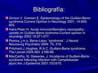 Bibliografía:Bibliografía:
Gonovi V, Granieri E. Epidemiologu of the Guillain-BarreGonovi V, Granieri E. Epidemiologu of the Guillain-Barre
syndrome.Current Opinion in Neurology 2001, 14:605-syndrome.Current Opinion in Neurology 2001, 14:605-
603.603.
Hans-Peter H. Acute inmunoinflamatory neuropathy:Hans-Peter H. Acute inmunoinflamatory neuropathy:
update on Guillain-Barre sindrome.Current opinion inupdate on Guillain-Barre sindrome.Current opinion in
neurology 2002 15:571-577.neurology 2002 15:571-577.
Pearce,,j.m.s. Barre-Lieou ¨syndrome¨. J NeurolPearce,,j.m.s. Barre-Lieou ¨syndrome¨. J Neurol
Neurosurg Psychiatry 2004: 75, 319.Neurosurg Psychiatry 2004: 75, 319.
Pritchard,J.;Hughes, R.A.C. Guillain-Barre syndrome.Pritchard,J.;Hughes, R.A.C. Guillain-Barre syndrome.
The Lancet 2004;363: 2186-88.The Lancet 2004;363: 2186-88.
MacCarthy, N, Giesecke, J. Incodence of Guillain-BarreMacCarthy, N, Giesecke, J. Incodence of Guillain-Barre
syndrome following infection with Campilobactersyndrome following infection with Campilobacter
jejuni.Am J Epidemiol 2001:153:610.jejuni.Am J Epidemiol 2001:153:610.
 