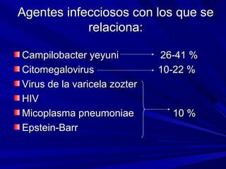 Agentes infecciosos con los que seAgentes infecciosos con los que se
relaciona:relaciona:
Campilobacter yeyuni 26-41 %Campilobacter yeyuni 26-41 %
Citomegalovirus 10-22 %Citomegalovirus 10-22 %
Virus de la varicela zozterVirus de la varicela zozter
HIVHIV
Micoplasma pneumoniae 10 %Micoplasma pneumoniae 10 %
Epstein-BarrEpstein-Barr
 
