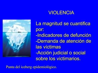 La magnitud se cuantifica por: -Indicadores de defunción -Demanda de atención de las víctimas -Acción judicial o social sobre los victimarios. Punta del iceberg epidemiológico . VIOLENCIA 