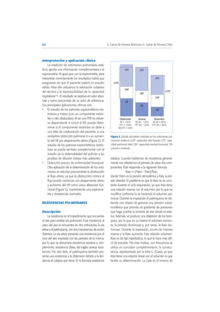 Interpretación y aplicación clínica
La medición de volúmenes pulmonares está-
ticos aporta una información complementaria a la
espirometría. Al igual que con la espirometría, para
interpretar correctamente los resultados habrá que
asegurarse de que el paciente realizó un estudio
válido. Para ello utilizamos la valoración subjetiva
del técnico y la reproducibilidad de la capacidad
inspiratoria(10). El resultado se expresa en valor abso-
luto y como porcentaje de su valor de referencia.
Sus principales aplicaciones clínicas son:
• El estudio de los patrones espirométricos res-
trictivos y mixtos (con un componente restric-
tivo y otro obstructivo). Al ser una PFR no esfuer-
zo dependiente e incluir al VR, puede deter-
minar si el componente restrictivo se debe a
una falta de colaboración del paciente, a una
verdadera restricción pulmonar o a un aumen-
to del VR por atrapamiento aéreo (Figura 5). El
estudio de los patrones espirométricos restric-
tivos se puede también complementar con el
estudio de la distensibilidad del pulmón y las
pruebas de difusión (véase más adelante).
• Detección precoz de enfermedad bronquial.
Otra aplicación de la determinación de los volú-
menes es estudiar precozmente la obstrucción
al flujo aéreo, ya que la obstrucción crónica al
flujo puede comenzar con atrapamiento aéreo
y aumento del VR como única alteración fun-
cional (Figura 5), manteniendo una espirome-
tría y resistencias normales.
RESISTENCIAS PULMONARES
Descripción
La resistencia es el impedimento que encuentra
el aire para ventilar los pulmones. Esta resistencia al
paso del aire se encuentra en dos estructuras, la vía
aérea y el parénquima, con dos mecanismos de acción
distintos. La vía aérea presenta una resistencia por el
roce del aire inspirado con las paredes de la misma,
por lo que se denomina resistencia resistiva o, sim-
plemente, resistencia (Raw, del inglés airway resis-
tance). Por otro lado, el parénquima también pre-
senta una resistencia a la distensión debido a la ten-
dencia al colapso que tiene. Es la llamada resistencia
elástica. Cuando hablamos de resistencia general-
mente nos referiremos al primero de estos dos com-
ponentes. Éste responde a la siguiente fórmula:
Raw = (Patm - Palv)/flujo
donde Patm es la presión atmosférica y Palv, la pre-
sión alveolar. El problema es que la Raw no es cons-
tante durante el ciclo respiratorio, ya que ésta tiene
una relación inversa con el volumen, por lo que se
modifica conforme lo va haciendo el volumen pul-
monar. Durante la inspiración el parénquima se dis-
tiende con objeto de generar una presión subat-
mosférica que permita un gradiente de presiones
que haga posible la entrada de aire desde el exte-
rior. Además, se produce una dilatación de los bron-
quios, por lo que en su interior el volumen aumen-
ta, la presión disminuye y, por tanto, la Raw dis-
minuye. Durante la espiración, ocurre de manera
inversa y la Raw aumenta. Esta relación volumen-
Raw es de tipo hiperbólico, lo que la hace más difí-
cil de estudiar. Por este motivo, con frecuencia se
utiliza un concepto complementario, la conduc-
tancia, representada por la letra G (Gaw), ya que
ésta tiene una relación lineal con el volumen lo que
facilita su determinación. La Gaw es el inverso de
82 G. García de Vinuesa Broncano, G. García de Vinuesa Calvo
Figura 5. Estudio del patrón restrictivo en los volúmenes pul-
monares estáticos (CVF: capacidad vital forzada; CPT: capa-
cidad pulmonar total; CRF: capacidad residual funcional; VR:
volumen residual).
CRF
CRF
CRF
VR
VR
VR
Obstructivo
VR > 120%
CPT > 120%
VR/CPT > 40%
Normal
VR 80 - 120%
CPT 80 - 120%
Restrictivo
VR 80 < 80%
CPT 80 < 80%
CPT
CPT
CPT
↓CVF
↓CVF
 