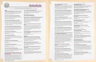 Schedule
Student
Activitiesand InvolvementInteligence
Agency
INTELIGENCEAGENCY
SAI
***Events with asterix denote Special Event Ticket required***
Please note: Wristbands are required to participate in all events listed below, unless noted otherwise.
Friday
3:00 - 7:00 pm Registration/Check In (Bovee UC, Third Floor)
Visit the third ﬂoor of the Bovee UC to check in to Sibling's
Weekend. Screen our brieﬁng video to receive your secret
mission and then head off to tactical training in Finch
Fieldhouse. Your mission awaits!
3:00 - 6:00 pm Tactical Training (Finch Fieldhouse)
Be put to the test mentally and physically during Tactical
Training. Special agents will be there to help you get ready for
a weekend of investigation and missions.
Suggested Age: Fun for all ages
3:00 - 7:00 pm SAC Open (Student Activity Center)
With your Siblings Weekend registration, your guest will receive
free admission into the Student Activity Center (must have
wristband)to use pool tables, basketball gyms, and the ﬁtness
center. Kids 12 & under are not allowed into the ﬁtness center
without parental consent and kids 16 & under are not allowed
in the weight training center.
3:00 - 7:00 pm Sib’s Bowling (Student Activity Center)
Experience bowling at ULanes, location in the Student Activity
Center. Knock out the pins and see what sibling is the better
bowler, bumpers available.There is an additional fee of $2.00
per game per person, and $1.00 shoe rental per person.
Suggested Age: Fun for all ages
4:00 - 5:30 pm Sib’s Swim (SAC Pool)***
Join us for a splashin’ good time in the mission ﬁlled waters
with your Sib!
Suggested Age: Fun for all ages
4:00 - 7:00 pm Open Climb (Finch)
Check out the rock wall here on campus, where you can
race your sibling to the top of the wall and see who can climb
the fastest! The minimum age requirement is 3 years old. Must
have close toed shoes.
Suggested Age: 3+
5:00 - 9:00 pm Lazer Tag (Finch Fieldhouse)
Go head-to-head with your siblings and friends and sign-up for
Lazer Tag!
Suggested Age: 4+
5:30 - 7:00 pm Sib’s Swim (SAC Pool)***
Join us for a splashin’ good time in the mission ﬁlled waters
with your Sib!
Suggested Age: Fun for all ages
7:00 - 8:30 pm Game Show (UC Auditorium)
Think you and your sibling know everything about pop culture?
Come see what sibling pair is the best at our Pop Game Show!
There will be some great prizes for the winners.
Suggested Age: Fun for all ages
7:00 - 9:00 pm Papa John's Pizza & Pajama Movie Party
featuring: Inside Out (Powers Ballroom) Co-Sponsored by
CMU Program Board
Come eat some pizza with your sibling and watch the hit new
movie Inside Out. Inside out is a story of Riley, a happy,
hockey-loving 11-year-old Midwestern girl, whose world turns
upside-down when she and her parents move to San
Francisco. Riley's emotions -- led by Joy trying to guide her
through this difﬁcult, life-changing event. Sadness, Anger, Fear
and Disgust are all trying to help Riley too. Don’t forget your
pillow and blanket for this event!
Suggested Age: Fun for all ages
7:00 - 9:00 pm Rock Climbing (Finch 112)***
Join us to learn some knot tying skills and basic climbing skills
and then put them to the test on one of our Rock Climbing
walls.Closed toed shoes are required for this event.
Suggested Age: 3+
8:00 - 10:00 pm Late Registration
(Bovee University Center 3rd Floor)
Start preparing your quick feet for a life on the move with the
CMU Club soccer team! You will spend time learning and
improving your soccer skills through activities, drills, and
interactive games! *We advise Sibs to bring workout
appropriate clothing and a water bottle. Shin guards are
optional but not needed.
Suggested Age: 6+
9:00 - 11:00 pm Quidditch Clinic (Student Activity Center:
MAC 2)***
Did you ever want to play Quidditch just like they did in the
Harry Potter Series? Now is your chance to experience it in real
life! Join the CMU’s club Quidditch team as they teach you
ﬁrsthand how to actually play the game while also experiencing
a real game! We advise Sib’s to bring workout appropriate
clothing and a water bottle.
Suggested Age: 8+
9:00 - 11:00 pm Glow in the Dark Bowling (Student Activity
Center: Bowling Alley)***
It’s time to unwind from a day of investigation and enjoy some
bright neon bowling!
Suggested Age: Fun for all ages
Saturday
8:00 -11:00 am Pancake Breakfast (Finch Fieldhouse)
Watch out for ﬂying pancakes! Come join your fellow Sibs
participants and put some food in you belly before your big
day at college. Also get our favorite balloon animal made and a
street sign customized with your name on it!
Suggested Age: Fun for all ages
9:00 am- 12:00 pm Open Climb (Finch Field 112)
Check out the rock wall here on campus, where you can race
your sibling to the top of the wall and see who can climb the
fastest! Must have close toed shoes.
Suggested Age: 3+
9:30 - 11:30 am Pottery Painting (Bovee UC Down Under
Food Court)***
Make a stop at the Down Under Food Court and put your
creativity to test! A piece to paint will be provided. Finished
piece must be picked up 7-10 days following event.
Suggested Age: Fun for all ages
10:00 - 11:00 am Story Hour with Elsa (Library Auditorium)
Come enjoy story hour read by special guest Elsa from Frozen!
Suggested Age: Fun for all ages
10 am - 2 pm Open Swim- with raised floor
(Student Activity Center)
Come splash some more fun into the weekend by joining us for
open swimming in the Student Activity Center pool. Hot tub,
basketball and ping pong ball available in the pool. The ﬂoor
will be raised on one end so smaller children can stand on their
own! Suggested Age: Fun for all ages
10:00 am - 12:00 pm Movie- Inside Out (UC Auditorium)
Come watch the hit new movie Inside Out. Inside out is a story
of Riley, a happy, hockey-loving 11-year-old Midwestern girl,
whose world turns upside-down when she and her parents
move to San Francisco. Riley's emotions -- led by Joy trying to
guide her through this difﬁcult, life-changing event. Sadness,
Anger, Fear and Disgust are all trying to help Riley too.
Suggested Age: Fun for all ages
10:00 am - 12:00 pm Open Climb (Finch 112)
Check out the rock wall here on campus, where you can race
your sibling to the top of the wall and see who can climb the
fastest! Must have close toed shoes.
Suggested Age: 3+
10:00 am - 11:00 pm SAC Open (Student Activity Center)
With you Siblings Weekend registration, your guest will receive
free admission into the Student Activity Center (must have
wristband)to use pool tables, basketball gyms, and the ﬁtness
center. Kids 12 & under are not allowed into the ﬁtness center
without parental consent and kids 16 & under are not allowed
in the weight training center.
10:00 - 12:00 pm Sib’s Bowling (Student Activity Center)
Experience bowling at ULanes, location in the Student Activity
Center. Knock out the pins and see what sibling is the better
bowler, bumpers available There is an additional fee of $2.00
per game per person, and $1.00 shoe rental per person..
Suggested Age: Fun for all ages
12:30 - 2:00 pm Kick-Off- Michael Kent (Plachta Auditorium)
Co-Sponsored by CMU Program Board
There’s a reason Michael Kent has been named ENTERTAINER
OF THE YEAR by Campus Activities Magazine and MAGICIAN
OF THE YEAR by The Association for the Promotion of Campus
Activities. Michael gives magic a facelift with irreverent comedy
and satire. His unique style of performing magic has made him
a FAVORITE in over 500 college campuses he’s visited.
Michael has performed for audiences all over the globe – from
Hollywood, California to US Troops serving overseas. Many
colleges and universities book him YEAR AFTER YEAR
because students can’t wait to see the show again! Open to all
CMU Students with a valid CMU ID.
Suggested Age: Fun for all ages
1:00 pm CMU Women’s Basketball game (McGuirk
Arena)***
Watch and cheer for the CMU Women’s Basketball team in
their conference game against Miami Ohio!
Suggested Age: Fun for all ages
2:00 - 6:00 pm Sib's Carnival (Student Activity Center)
Come and receive your ﬁnal mission to help the princess ﬁnd
all the pieces to her necklace. Go through inﬂatables, games,
and food to ﬁnd the pieces and earn a gold star on your
investigator badge!
Suggested Age: Fun for all ages
2:00 - 4:00 pm Movie-Spy Kids (UC Auditorium)
Two young kids become spies in attempt to save their parents,
who are ex-spies, from an evil mastermind. Armed with a bag
of high tech gadgets and out-of-this world transportation,
Carmen and Juni will bravely jet through the air, dive under the
seas and crisscross the globe in a series of thrilling adventures
on a mission to save their parents ... and maybe even the
world..
Suggested Age: Fun for all ages
2:00 - 6:00 pm Open Swim- Pool down
(Student Activities Center)
Come splash some more fun into the weekend by joining us for
open swimming in the Student Activity Center pool. Hot tub,
basketball and ping pong ball available in the pool.
Suggested Age: Fun for all ages
2:00 - 4:00 pm American Sign Language Workshop
(Student Activity Center Alumni Room)***
Do you know any sign language? Have you ever wanted to
learn sign language? If so, come spend some time with CMU’s
American Sign Language Society and learn to sign your name,
the alphabet and much, much, more!
Suggested Age: 8+
2:00 - 4:00 pm Interactive Science Exploration
(Brooks Hall)***
Come follow the clues to explore some of CMU’s science
department! You never know where you’ll end up!
Suggested Age: 6+
3:00 - 5:00 pm Canvas Painting Class
(Down Under Food Court)***
Come try out your creative hand and paint a canvas. You can
follow a display with instructions or make your own
masterpiece!
Suggested Age: Fun for all ages
3:00 - 5:00 pm CMU Police Department Exhibit
(Finch Fieldhouse)***
Follow the clues to make an arrest with the help of CMU’s
police department!
Suggested Age: Fun for all ages
4:00 - 5:30 pm Instagram Scavenger Hunt
(Student Activity Center)
Photo Scavenger Hunt [SAC, Upper level Indoor Track]
Prepare yourselves for a journey around campus to complete
tasks in a creative way!
*Smartphone and Instagram account required for this event.*
Suggested Age: Fun for all ages
4:30 pm CMU Men’s Basketball game (McGuirk Arena)***
Watch and cheer for the CMU Men’s Basketball team in their
conference game against Bowling Green!
Suggested Age: Fun for all ages
6:00 - 7:00 pm Zumba Class
(Student Activity Center: MAC 1)***
Come out and show off your moves in a Zumba Class taught
by CMU Police Department’s own Ofﬁcer Martinez! We advise
Sibs to bring workout appropriate clothing and a water bottle.
Suggested Age: 6+
6:30 - 8:30 pm Movie- Spy Kids (Bovee UC)
Two young kids become spies in attempt to save their parents,
who are ex-spies, from an evil mastermind. Armed with a bag
of high tech gadgets and out-of-this world transportation,
Carmen and Juni will bravely jet through the air, dive under the
seas and crisscross the globe in a series of thrilling adventures
on a mission to save their parents ... and maybe even the
world.
Suggested Age: Fun for all ages
7:00 - 9:00 pm Sib’s Dive-in Movie (Rose Pool)***
Splash back and relax! Join us to watch The Incredibles after a
long day of ﬁghting and solving crime!
Suggested Age: Fun for all ages
9:00 - 11:00 pm Soccer Clinic (Student Activity Center: MAC 1)***
 