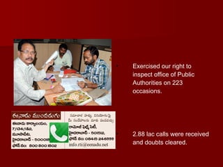 • Exercised our right to
inspect office of Public
Authorities on 223
occasions.
• 2.88 lac calls were received
and doubts cleared.
 