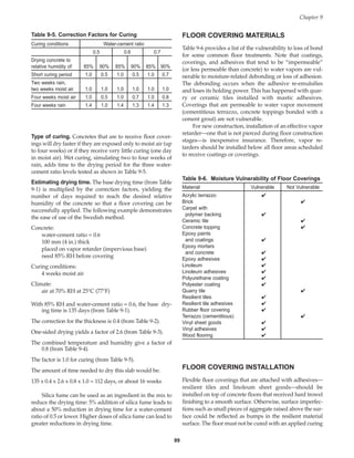 99
Type of curing. Concretes that are to receive floor cover-
ings will dry faster if they are exposed only to moist air (up
to four weeks) or if they receive very little curing (one day
in moist air). Wet curing, simulating two to four weeks of
rain, adds time to the drying period for the three water-
cement ratio levels tested as shown in Table 9-5.
Estimating drying time. The base drying time (from Table
9-1) is multiplied by the correction factors, yielding the
number of days required to reach the desired relative
humidity of the concrete so that a floor covering can be
successfully applied. The following example demonstrates
the ease of use of the Swedish method.
Concrete:
water-cement ratio = 0.6
100 mm (4 in.) thick
placed on vapor retarder (impervious base)
need 85% RH before covering
Curing conditions:
4 weeks moist air
Climate:
air at 70% RH at 25°C (77°F)
With 85% RH and water-cement ratio = 0.6, the base dry-
ing time is 135 days (from Table 9-1).
The correction for the thickness is 0.4 (from Table 9-2).
One-sided drying yields a factor of 2.6 (from Table 9-3).
The combined temperature and humidity give a factor of
0.8 (from Table 9-4).
The factor is 1.0 for curing (from Table 9-5).
The amount of time needed to dry this slab would be:
135 x 0.4 x 2.6 x 0.8 x 1.0 = 112 days, or about 16 weeks
Silica fume can be used as an ingredient in the mix to
reduce the drying time: 5% addition of silica fume leads to
about a 50% reduction in drying time for a water-cement
ratio of 0.5 or lower. Higher doses of silica fume can lead to
greater reductions in drying time.
FLOOR COVERING MATERIALS
Table 9-6 provides a list of the vulnerability to loss of bond
for some common floor treatments. Note that coatings,
coverings, and adhesives that tend to be “impermeable”
(or less permeable than concrete) to water vapors are vul-
nerable to moisture-related debonding or loss of adhesion.
The debonding occurs when the adhesive re-emulsifies
and loses its holding power. This has happened with quar-
ry or ceramic tiles installed with mastic adhesives.
Coverings that are permeable to water vapor movement
(cementitious terrazzo, concrete toppings bonded with a
cement grout) are not vulnerable.
For new construction, installation of an effective vapor
retarder—one that is not pierced during floor construction
stages—is inexpensive insurance. Therefore, vapor re-
tarders should be installed below all floor areas scheduled
to receive coatings or coverings.
Chapter 9
Curing conditions Water-cement ratio
0.5 0.6 0.7
Drying concrete to
relative humidity of: 85% 90% 85% 90% 85% 90%
Short curing period 1.0 0.5 1.0 0.5 1.0 0.7
Two weeks rain,
two weeks moist air 1.0 1.0 1.0 1.0 1.0 1.0
Four weeks moist air 1.0 0.5 1.0 0.7 1.0 0.8
Four weeks rain 1.4 1.0 1.4 1.3 1.4 1.3
Table 9-5. Correction Factors for Curing
Material Vulnerable Not Vulnerable
Acrylic terrazzo ✔
Brick ✔
Carpet with
polymer backing ✔
Ceramic tile ✔
Concrete topping ✔
Epoxy paints
and coatings ✔
Epoxy mortars
and concrete ✔
Epoxy adhesives ✔
Linoleum ✔
Linoleum adhesives ✔
Polyurethane coating ✔
Polyester coating ✔
Quarry tile ✔
Resilient tiles ✔
Resilient tile adhesives ✔
Rubber floor covering ✔
Terrazzo (cementitious) ✔
Vinyl sheet goods ✔
Vinyl adhesives ✔
Wood flooring ✔
Table 9-6. Moisture Vulnerability of Floor Coverings
FLOOR COVERING INSTALLATION
Flexible floor coverings that are attached with adhesives—
resilient tiles and linoleum sheet goods—should be
installed on top of concrete floors that received hard trowel
finishing to a smooth surface. Otherwise, surface imperfec-
tions such as small pieces of aggregate raised above the sur-
face could be reflected as bumps in the resilient material
surface. The floor must not be cured with an applied curing
Book Contents
Publication List
 