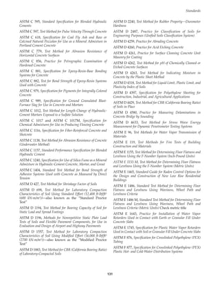 Standards
131
ASTM C 595, Standard Specification for Blended Hydraulic
Cements
ASTM C 597, Test Method for Pulse Velocity Through Concrete
ASTM C 618, Specification for Coal Fly Ash and Raw or
Calcined Natural Pozzolan for Use as a Mineral Admixture in
Portland Cement Concrete
ASTM C 779, Test Method for Abrasion Resistance of
Horizontal Concrete Surfaces
ASTM C 856, Practice for Petrographic Examination of
Hardened Concrete
ASTM C 881, Specification for Epoxy-Resin-Base Bonding
Systems for Concrete
ASTM C 882, Test for Bond Strength of Epoxy-Resin Systems
Used with Concrete
ASTM C 979, Specification for Pigments for Integrally Colored
Concrete
ASTM C 989, Specification for Ground Granulated Blast-
Furnace Slag for Use in Concrete and Mortars
ASTM C 1012, Test Method for Length Change of Hydraulic-
Cement Mortars Exposed to a Sulfate Solution
ASTM C 1017 and ASTM C 1017M, Specification for
Chemical Admixtures for Use in Producing Flowing Concrete
ASTM C 1116, Specification for Fiber-Reinforced Concrete and
Shotcrete
ASTM C 1138, Test Method for Abrasion Resistance of Concrete
(Underwater Method)
ASTM C 1157, Standard Performance Specification for Blended
Hydraulic Cement
ASTM C 1240, Specification for Use of Silica Fume as a Mineral
Admixture in Hydraulic-Cement Concrete, Mortar, and Grout
ASTM C 1404, Standard Test Method for Bond Strength of
Adhesive Systems Used with Concrete as Measured by Direct
Tension
ASTM D 427, Test Method for Shrinkage Factor of Soils
ASTM D 698, Test Method for Laboratory Compaction
Characteristics of Soil Using Standard Effort (12,400 ft-lbf/ft3
(600 kN-m/m3))—also known as the “Standard Proctor
Test”
ASTM D 1194, Test Method for Bearing Capacity of Soil for
Static Load and Spread Footings
ASTM D 1196, Methods for Nonrepetitive Static Plate Load
Tests of Soils and Flexible Pavement Components, for Use in
Evaluation and Design of Airport and Highway Pavements
ASTM D 1557, Test Method for Laboratory Compaction
Characteristics of Soil Using Modified Effort (56,000 ft-lbf/ft3
(2700 kN-m/m3))—also known as the “Modified Proctor
Test”
ASTM D 1883, Test Method for CBR (California Bearing Ratio)
of Laboratory-Compacted Soils
ASTM D 2240, Test Method for Rubber Property—Durometer
Hardness
ASTM D 2487, Practice for Classification of Soils for
Engineering Purposes (Unified Soils Classification System)
ASTM D 4259, Practice for Abrading Concrete
ASTM D 4260, Practice for Acid Etching Concrete
ASTM D 4261, Practice for Surface Cleaning Concrete Unit
Masonry for Coating
ASTM D 4262, Test Method for pH of Chemically Cleaned or
Etched Concrete Surfaces
ASTM D 4263, Test Method for Indicating Moisture in
Concrete by the Plastic Sheet Method
ASTM D 4318, Test Method for Liquid Limit, Plastic Limit, and
Plasticity Index of Soils
ASTM D 4397, Specification for Polyethylene Sheeting for
Construction, Industrial, and Agricultural Applications
ASTM D 4429, Test Method for CBR (California Bearing Ratio)
of Soils in Place
ASTM D 4580, Practice for Measuring Delaminations in
Concrete Bridge by Sounding
ASTM D 4633, Test Method for Stress Wave Energy
Measurement for Dynamic Penetrometer Testing Systems
ASTM E 96, Test Methods for Water Vapor Transmission of
Materials
ASTM E 119, Test Methods for Fire Tests of Building
Construction and Materials
ASTM E 1155, Test Method for Determining Floor Flatness and
Levelness Using the F-Number System (Inch-Pound Units)
ASTM E 1155 M, Test Method for Determining Floor Flatness
and Levelness Using the F-Number System (Metric Units)
ASTM E 1465, Standard Guide for Radon Control Options for
the Design and Construction of New Low Rise Residential
Buildings
ASTM E 1486, Standard Test Method for Determining Floor
Flatness and Levelness Using Waviness, Wheel Path and
Levelness Criteria
ASTM E 1486 M, Standard Test Method for Determining Floor
Flatness and Levelness Using Waviness, Wheel Path and
Levelness Criteria (Metric Units) Check metric title
ASTM E 1643, Practice for Installation of Water Vapor
Retarders Used in Contact with Earth or Granular Fill Under
Concrete Slabs
ASTM E 1745, Specification for Plastic Water Vapor Retarders
Used in Contact with Soil or Granular Fill Under Concrete Slabs
ASTM F 876, Specification for Crosslinked Polyethylene (PEX)
Tubing
ASTM F 877, Specification for Crosslinked Polyethylene (PEX)
Plastic Hot- and Cold-Water Distribution Systems
Book Contents
Publication List
 