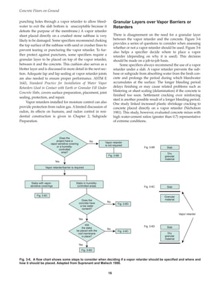 punching holes through a vapor retarder to allow bleed-
water to exit the slab bottom is unacceptable because it
defeats the purpose of the membrane.) A vapor retarder
sheet placed directly on a crushed stone subbase is very
likely to be damaged. Some specifiers recommend choking
the top surface of the subbase with sand or crusher fines to
prevent tearing or puncturing the vapor retarder. To fur-
ther protect against punctures, some specifiers require a
granular layer to be placed on top of the vapor retarder,
between it and the concrete. This cushion also serves as a
blotter layer and is discussed in more detail in the next sec-
tion. Adequate lap and lap sealing at vapor retarder joints
are also needed to ensure proper performance. ASTM E
1643, Standard Practice for Installation of Water Vapor
Retarders Used in Contact with Earth or Granular Fill Under
Concrete Slabs, covers surface preparation, placement, joint
sealing, protection, and repair.
Vapor retarders installed for moisture control can also
provide protection from radon gas. A limited discussion of
radon, its effects on humans, and radon control in resi-
dential construction is given in Chapter 2, Subgrade
Preparation.
Granular Layers over Vapor Barriers or
Retarders
There is disagreement on the need for a granular layer
between the vapor retarder and the concrete. Figure 3-6
provides a series of questions to consider when assessing
whether or not a vapor retarder should be used. Figure 3-6
also helps a specifier decide where to place a vapor
retarder (depending on why it is used). This decision
should be made on a job-to-job basis.
Some specifiers always recommend the use of a vapor
retarder under a slab. A vapor retarder prevents the sub-
base or subgrade from absorbing water from the fresh con-
crete and prolongs the period during which bleedwater
accumulates at the surface. The longer bleeding period
delays finishing or may cause related problems such as
blistering or sheet scaling (delamination) if the concrete is
finished too soon. Settlement cracking over reinforcing
steel is another possible result of a longer bleeding period.
One study linked increased plastic shrinkage cracking to
concrete placed directly on a vapor retarder (Nicholson
1981). This study, however, evaluated concrete mixes with
high water-cement ratios (greater than 0.7) representative
of extreme conditions.
Concrete Floors on Ground
16
Slabs with vapor-
sensitive coverings
Slabs in humidity-
controlled areas
Vapor retarder
is not required
Vapor retarder/barrier is required
Does the
project have a
vapor-sensitive covering
or a humidity-
controlled
area?
Does the
concrete have
a low water
content?
Will
the slabs
be placed with the
roof membrane
in place?
Fig. 3-6D
Fig. 3-6B
Fig. 3-6B
Fig. 3-6C
Fig. 3-6D
Fig. 3-6D
Slab
Dry
granular
material
Slab
Vapor retarder
Dry
granular
material
Slab
Granular
material
Fig. 3-6C
Fig. 3-6C
Yes
Yes
Yes
No
No
No
Fig. 3-6. A flow chart shows some steps to consider when deciding if a vapor retarder should be specified and where and
how it should be placed. Adapted from Suprenant and Malisch 1998.
Book Contents
Publication List
 