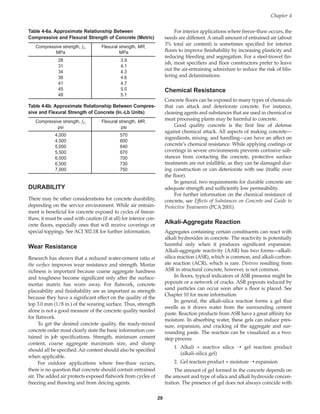 DURABILITY
There may be other considerations for concrete durability,
depending on the service environment. While air entrain-
ment is beneficial for concrete exposed to cycles of freeze-
thaw, it must be used with caution (if at all) for interior con-
crete floors, especially ones that will receive coverings or
special toppings. See ACI 302.1R for further information.
Wear Resistance
Research has shown that a reduced water-cement ratio at
the surface improves wear resistance and strength. Mortar
richness is important because coarse aggregate hardness
and toughness become significant only after the surface-
mortar matrix has worn away. For flatwork, concrete
placeability and finishability are as important as strength
because they have a significant effect on the quality of the
top 3.0 mm (1/8 in.) of the wearing surface. Thus, strength
alone is not a good measure of the concrete quality needed
for flatwork.
To get the desired concrete quality, the ready-mixed
concrete order must clearly state the basic information con-
tained in job specifications. Strength, minimum cement
content, coarse aggregate maximum size, and slump
should all be specified. Air content should also be specified
when applicable.
For outdoor applications where free-thaw occurs,
there is no question that concrete should contain entrained
air. The added air protects exposed flatwork from cycles of
freezing and thawing and from deicing agents.
For interior applications where freeze-thaw occurs, the
needs are different. A small amount of entrained air (about
3% total air content) is sometimes specified for interior
floors to improve finishability by increasing plasticity and
reducing bleeding and segregation. For a steel-trowel fin-
ish, most specifiers and floor constructors prefer to leave
out the air-entraining admixture to reduce the risk of blis-
tering and delaminations.
Chemical Resistance
Concrete floors can be exposed to many types of chemicals
that can attack and deteriorate concrete. For instance,
cleaning agents and substances that are used in chemical or
meat processing plants may be harmful to concrete.
Good quality concrete is the first line of defense
against chemical attack. All aspects of making concrete—
ingredients, mixing, and handling—can have an affect on
concrete’s chemical resistance. While applying coatings or
coverings in severe environments prevents corrosive sub-
stances from contacting the concrete, protective surface
treatments are not infallible, as they can be damaged dur-
ing construction or can deteriorate with use (traffic over
the floor).
In general, two requirements for durable concrete are
adequate strength and sufficiently low permeability.
For further information on the chemical resistance of
concrete, see Effects of Substances on Concrete and Guide to
Protective Treatments (PCA 2001).
Alkali-Aggregate Reaction
Aggregates containing certain constituents can react with
alkali hydroxides in concrete. The reactivity is potentially
harmful only when it produces significant expansion.
Alkali-aggregate reactivity (AAR) has two forms—alkali-
silica reaction (ASR), which is common, and alkali-carbon-
ate reaction (ACR), which is rare. Distress resulting from
ASR in structural concrete, however, is not common.
In floors, typical indicators of ASR presence might be
popouts or a network of cracks. ASR popouts induced by
sand particles can occur soon after a floor is placed. See
Chapter 10 for more information.
In general, the alkali-silica reaction forms a gel that
swells as it draws water from the surrounding cement
paste. Reaction products from ASR have a great affinity for
moisture. In absorbing water, these gels can induce pres-
sure, expansion, and cracking of the aggregate and sur-
rounding paste. The reaction can be visualized as a two-
step process:
1. Alkali + reactive silica ➝ gel reaction product
(alkali-silica gel)
2. Gel reaction product + moisture ➝ expansion
The amount of gel formed in the concrete depends on
the amount and type of silica and alkali hydroxide concen-
tration. The presence of gel does not always coincide with
Chapter 4
29
Table 4-6a. Approximate Relationship Between
Compressive and Flexural Strength of Concrete (Metric)
Compressive strength, fc, Flexural strength, MR,
MPa MPa
28 3.9
31 4.1
34 4.3
38 4.6
41 4.7
45 5.0
48 5.1
Table 4-6b. Approximate Relationship Between Compres-
sive and Flexural Strength of Concrete (In.-Lb Units)
Compressive strength, fc, Flexural strength, MR,
psi psi
4,000 570
4,500 600
5,000 640
5,500 670
6,000 700
6,500 730
7,000 750
Book Contents
Publication List
 