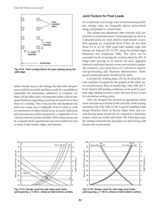 failure should occur in the footing, the allowable soil pres-
sure would be exceeded and there would be a possibility of
intolerable soil penetration, settlement, or complete col-
lapse. On the other hand, soil pressures under a slab of ade-
quate thickness supporting a post load are much lower than
those for a footing. This is because the slab distributes the
load over a large area of subgrade. Even if a joint or crack
(or intersection of either) should occur at a post, deflections
and soil pressures will be increased by a magnitude of 2 or
3 but are still not excessive (Childs 1964). Soil pressures can
be computed from experimental data from deflections due
to loads at slab corners, edges, and interiors.
Joint Factors for Post Loads
For warehouses and storage areas of manufacturing facili-
ties, storage racks are frequently placed back-to-back
along, and parallel to, column lines.
The column line alignments often coincide with con-
struction or contraction joints. If joint spacings are short or
if doweled joints are used, effective load transfer occurs.
Joint spacings are considered short if they are less than
about 4.5 m (15 ft). With good load transfer, edge slab
stresses are reduced 20% to 25% along the jointed edges
(Okamoto and Nussbaum 1984). This effect can be
accounted for by increasing the working stress by 20%. If
longer joint spacings or no dowels are used, aggregate
interlock (and stress transfer) across sawcut joints is gener-
ally ineffective, and a joint factor of 1.6 should be used for
rack-post-loading slab thickness determination. (Note:
keyed construction joints should not be used.)
Calculate the working stress, WS, by dividing the con-
crete modulus of rupture by the product of the safety fac-
tor and joint factor. Thus, if needed, Figs. 5-8a, 5-8b, and 5-
8c for interior slab loading conditions can be used for post-
load edge loading locations when the joint factor is used
for calculating working stress.
After the designer has selected an appropriate safety
factor and joint factor based on the criticality of the loading
conditions, Fig. 5-8a, 5-8b, or 5-8c is used to establish a slab
design thickness based on flexure. Shear stress and con-
crete bearing stress should also be computed to determine
if these values are within safe limits. The following exam-
ple problem illustrates the procedure for determining slab
stresses due to post loads.
Concrete Floors on Ground
42
POST
CONTACT
AREA
Y – POST
SPACING
X – POST
SPACING
SLAB EDGE
Fig. 5-10. Post configurations for post loading along the
slab edge.
100
90
80
70
60
50
40
30
20
10
14
13
12
11
10
9
8
7
6
5
x(in.)=100 60 20
40
k(pci)=50 100 200
Stress
per
1000
lb
Post
Load,
psi
Slab
Thickness,
in.
Fig. 5-11a. Design chart for slab edge post loads,
post-spacing: y = 20 in., stress at slab bottom surface.
100
90
80
70
60
50
40
30
20
10
14
13
12
11
10
9
8
7
6
5
x(in.)=20 100
60
40
k(pci)=200
100
50
Stress
per
1000
lb
Post
Load,
psi
Slab
Thickness,
in.
Fig. 5-11b. Design chart for slab edge post loads,
post-spacing: y = 40 in., stress at slab bottom surface.
Book Contents
Publication List
 