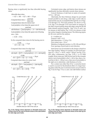 Bearing stress is significantly less than allowable bearing
stress.
So the computed shear stress for the bearing area is:
Computed shear stress for edge load:
Computed shear stress for corner load:
=
post load
slab depth 0.5 load periphery + slab depth
=
13,000
10.5 0.5 32 + 10.5
= 47 psi
× ×
( ) ( )
[ ]
× ×
( ) ( )
[ ]
=
post load
slab depth 0.75 load periphery + 2 slab depth
=
13,000
10.5 0.75 32 + 2 10.5
= 28 psi
× ×
( ) ×
( )
[ ]
× ×
( ) ×
( )
[ ]
=
13,000
10.5 [32 + 42]
= 17 psi
×
Allowable shear stress
= 0.27 = 0.27 640 = 173 psi
Computed shear stress =
post load
shear area
Computed shear stress for interior load
Load periphery is four times the square root of
=
post load
slab thickness load periphery + 4 slab thickness
Load periphery is four times the square root of bearing
area — here :
= 4 64 = 32 in.
× ×
× ×
( )
[ ]
MR
Calculated corner, edge, and interior shear stresses are
significantly less than allowable concrete shear stresses.
Convert thickness of slab back to metric (if needed):
10.5 in. = 265 mm
Alternately, the floor thickness design for post loads
located parallel to and along a slab edge or joint with no
load transfer may be accomplished through the use of Figs.
5-10 through 5-12. Post load positions are shown in Fig.
5-10. Figs. 5-11a through 5-11d were based on analysis of
the effect of post loading along slab edges using the JSLAB
finite element analysis program. Figs. 5-11a, b, and c are
for stresses at slab bottom. Fig. 5-11d is for stresses at slab
top surface (negative bending stress). The following inputs
(in.-lb) were used for the analysis:
E = 4 million psi
Poisson’s ratio = 0.15
Slab dimensions = 17 ft by 17 ft
Post contact area = 10 in.2
Modulus of subgrade reaction, k, of 50, 100 and 200 pci
Four spacings of post loads in each direction
Joint factors are not included as the design is based on
free edge loading. Taking an example, for post load spac-
ings of y = 20 in., x = 60 in., and k = 100 pci, use Fig. 5-11a.
(For other y-dimensions, use Figs. 5-11b, c, or d.) With
roughly 28-psi stress per 1000 lb post load for the example
shown, move horizontally to the x = 60 in. line, drop a ver-
tical line to the k = 100 pci curve, then move horizontally to
the right axis to determine a slab thickness of 6.4 in.
For a contact area other than 10 in.2 a correction factor
is used to account for the beneficial effect of a larger bear-
ing plate under the post. Correction factors are provided in
Fig. 5-12a for Figs. 5-11a, b, and c (for slab bottom surface
Concrete Floors on Ground
44
100
80
60
40
20
0 20 40 60 80 100
Allowable Stress per 1000 lb Post Load, psi
Design
Stress
per
1000
lb
Post
Load,
psi
Contact Area (sq in.) = 80 40 20 10
100
80
60
40
20
0 20 40 60 80 100
Allowable Stress per 1000 lb Post Load, psi
Design
Stress
per
1000
lb
Post
Load,
psi
Contact Area (sq in.) = 80 40 20 10
Fig. 5-12a. Design stress depends on allowable stress and
contact area for the case of tensile stress at the slab bottom
for slab edge post loads.
Fig. 5-12b. Design stress depends on allowable stress and
contact area for the case of tensile stress at the slab top for
slab edge post loads.
Book Contents
Publication List
 