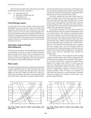 28-day flexural strength, MR, by the safety factor; then
the allowable load may be computed as:
where W = allowable load, psf
ft = allowable working stress, psi
h = slab thickness, in.
k = subgrade modulus, pci
Fixed Storage Layout
As discussed in the previous section, slab stresses under
distributed loads vary with aisle width, load width, load
magnitude, and joint location. In a storage area where this
layout is known and will remain fixed throughout the
service life of the floor, the heavier distributed loads shown
in Table 5-4 may be allowed (see box, Maximum Loads and
Critical Aisle Width). These loads are based on limiting the
negative moment in an unjointed aisleway so that an aisle
crack does not occur.
Allowable Loads to Prevent
Slab Settlement
In the previous discussion, the allowable loads were based
on preventing a crack in an unjointed aisleway between
loaded storage areas. If these cracks can be tolerated or if
there are joints in the aisleways, there need be no such
restriction on the load magnitude. In this case, the limit of
load depends on the tolerable settlement of the slab.
Strip Loads
The general loading of long strips of storage areas separated
by aisles is depicted in Fig. 5-14. Table 5-4 is based on a load
width of 300 in. Because the allowable load varies only
slightly for other load widths, this table can be used for a
wide range of situations. However, for narrower strip loads
(40, 60, and 100 in. wide), there are charts available to deter-
mine the allowable uniform load. Figs. 5-15a through 5-15e
are not currently available in metric. Metric values should be
converted to pounds and inches before using these charts,
then the answer can be converted back to metric.
The charts consider the same aisle widths shown in
Table 5-4, namely 6 ft to 14 ft in 2-ft increments. The load
data, load width, and aisle width should be known. A safe-
ty factor of 2.0 can be used. The working stress is calculat-
ed by dividing the MR by the safety factor. One of Figs. 5-
15a through 5-15e is chosen based on the appropriate aisle
width, and a slab thickness is assumed.
For example, using Fig. 5-15a, the chart is entered at
the right-hand side using an assumed slab thickness, read
across horizontally to the modulus of subgrade reaction
curve, then vertically up to the load width, then horizon-
tally across to the stress. This is the first attempt in the iter-
ation. This stress is per 1000 psf uniform load: if the value
read from the chart is 200 psi and the load is 1500 psf, then
the actual allowable stress would be 200 x (1500/1000) =
300 psi. If the chart-derived (allowable) stress is greater
than the working stress, the slab thickness should be
increased and the charts entered again until the stress per
uniform load is less than the working stress. The optimum
design occurs when the allowable stress matches the
working stress.
The charts in Figs. 5-15a–e represent specific loading
conditions at three chosen load widths to supplement the
existing thickness design charts and tables. Each chart is
for a uniform strip load at a single aisle width. This is
slightly more specific than Table 5-4, which gives the
maximum allowable load and critical aisle width for a
single load width (300 in.). Table 5-4, however, gives crit-
ical load configurations adapted to almost any (fixed)
loading condition. Table 5-3 places no restriction on
where the load is placed or on the uniformity of loading.
Computer programs (for analysis) would allow even
greater design flexibility.
Concrete Floors on Ground
48
R(in.)=100 60 40
20
k(pci)=200 100 50
450
400
350
300
250
200
150
100
50
14
13
12
11
10
9
8
7
6
Stress
per
1000
psf
Uniform
Load,
psi
Slab
Thickness,
in.
R(in.)=100 60 40
20
k(pci)=200 100 50
450
400
350
300
250
200
150
100
50
14
13
12
11
10
9
8
7
6
Stress
per
1000
psf
Uniform
Load,
psi
Slab
Thickness,
in.
Fig. 5-15a. Design chart for uniform strip loading, aisle
width of 6 ft.
Fig. 5-15b. Design chart for uniform strip loading, aisle
width of 8 ft.
Book Contents
Publication List
 