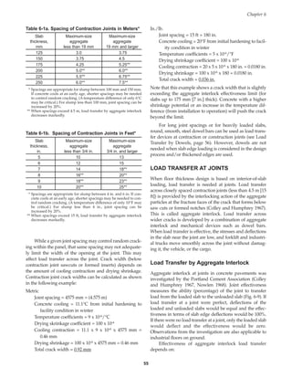 While a given joint spacing may control random crack-
ing within the panel, that same spacing may not adequate-
ly limit the width of the opening at the joint. This may
affect load transfer across the joint. Crack width (below
contraction joint sawcuts or formed inserts) depends on
the amount of cooling contraction and drying shrinkage.
Contraction joint crack widths can be calculated as shown
in the following example:
Metric
Joint spacing = 4575 mm = (4.575 m)
Concrete cooling = 11.1°C from initial hardening to
facility condition in winter
Temperature coefficients = 9 x 10-6/°C
Drying skrinkage coefficient = 100 x 10-6
Cooling contraction = 11.1 x 9 x 10-6 x 4575 mm =
0.46 mm
Drying shrinkage = 100 x 10-6 x 4575 mm = 0.46 mm
Total crack width = 0.92 mm
In./lb.
Joint spacing = 15 ft = 180 in.
Concrete cooling = 20°F from initial hardening to facil-
ity condition in winter
Temperature coefficients = 5 x 10-6/°F
Drying shrinkage coefficient = 100 x 10-6
Cooling contraction = 20 x 5 x 10-6 x 180 in. = 0.0180 in.
Drying shrinkage = 100 x 10-6 x 180 = 0.0180 in.
Total crack width = 0.036 in.
Note that this example shows a crack width that is slightly
exceeding the aggregate interlock effectiveness limit (for
slabs up to 175 mm [7 in.] thick). Concrete with a higher
shrinkage potential or an increase in the temperature dif-
ference (from installation to operation) will push the crack
beyond the limit.
For long joint spacings or for heavily loaded slabs,
round, smooth, steel dowel bars can be used as load trans-
fer devices at contraction or construction joints (see Load
Transfer by Dowels, page 56). However, dowels are not
needed when slab edge loading is considered in the design
process and/or thickened edges are used.
LOAD TRANSFER AT JOINTS
When floor thickness design is based on interior-of-slab
loading, load transfer is needed at joints. Load transfer
across closely spaced contraction joints (less than 4.5 m [15
ft]) is provided by the interlocking action of the aggregate
particles at the fracture faces of the crack that forms below
saw cuts or formed notches (Colley and Humphrey 1967).
This is called aggregate interlock. Load transfer across
wider cracks is developed by a combination of aggregate
interlock and mechanical devices such as dowel bars.
When load transfer is effective, the stresses and deflections
in the slab near the joint are low, and forklift and industri-
al trucks move smoothly across the joint without damag-
ing it, the vehicle, or the cargo.
Load Transfer by Aggregate Interlock
Aggregate interlock at joints in concrete pavements was
investigated by the Portland Cement Association (Colley
and Humphrey 1967, Nowlen 1968). Joint effectiveness
measures the ability (percentage) of the joint to transfer
load from the loaded slab to the unloaded slab (Fig. 6-9). If
load transfer at a joint were perfect, deflections of the
loaded and unloaded slabs would be equal and the effec-
tiveness in terms of slab edge deflections would be 100%.
If there were no load transfer at a joint, only the loaded slab
would deflect and the effectiveness would be zero.
Observations from the investigation are also applicable to
industrial floors on ground.
Effectiveness of aggregate interlock load transfer
depends on:
Chapter 6
55
Table 6-1a. Spacing of Contraction Joints in Meters*
Slab Maximum-size Maximum-size
thickness, aggregate aggregate
mm less than 19 mm 19 mm and larger
125 3.0 3.75
150 3.75 4.5
175 4.25 5.25**
200 5.0** 6.0**
225 5.5** 6.75**
250 6.0** 7.5**
* Spacings are appropriate for slump between 100 mm and 150 mm.
If concrete cools at an early age, shorter spacings may be needed
to control random cracking. (A temperature difference of only 6°C
may be critical.) For slump less than 100 mm, joint spacing can be
increased by 20%.
** When spacings exceed 4.5 m, load transfer by aggregate interlock
decreases markedly.
Table 6-1b. Spacing of Contraction Joints in Feet*
Slab Maximum-size Maximum-size
thickness, aggregate aggregate
in. less than 3/4 in. 3/4 in. and larger
5 10 13
6 12 15
7 14 18**
8 16** 20**
9 18** 23**
10 20** 25**
* Spacings are appropriate for slump between 4 in. and 6 in. If con-
crete cools at an early age, shorter spacings may be needed to con-
trol random cracking. (A temperature difference of only 10°F may
be critical.) For slump less than 4 in., joint spacing can be
increased by 20%.
** When spacings exceed 15 ft, load transfer by aggregate interlock
decreases markedly.
Book Contents
Publication List
 