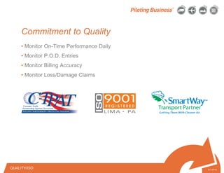 © 2010 Pilot Freight Services.© Copyright 2010 Pilot Freight Services
Commitment to Quality
• Monitor On-Time Performance Daily
• Monitor P.O.D. Entries
• Monitor Billing Accuracy
• Monitor Loss/Damage Claims
QUALITY/ISO 8-1-07/15
 
