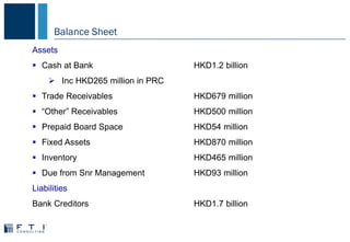 Assets
 Cash at Bank HKD1.2 billion
 Inc HKD265 million in PRC
 Trade Receivables HKD679 million
 “Other” Receivables HKD500 million
 Prepaid Board Space HKD54 million
 Fixed Assets HKD870 million
 Inventory HKD465 million
 Due from Snr Management HKD93 million
Liabilities
Bank Creditors HKD1.7 billion
Balance Sheet
 
