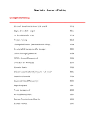 Steve Smith - Summary of Training 
Management Training 
_________________________________________________ 
Microsoft SharePoint Designer 2010 Level 1 2013 
6Sigma Green Belt + project 2011 
ITIL Foundation v3 + exam 2010 
Problem Framing 2010 
Leading the Business (3 x modules over 7 days) 2009 
Security & Risk Management for Managers 2009 
Communicating to get Results 2009 
PROPS 4 (Project Management) 2008 
Diversity in the Workplace 2008 
Managing Safety 2008 
Ericsson Leadership Core Curriculum (120 hours) 2006 
Innovations Intensive 2004 
Structured Project Management 2004 
Negotiating Skills 1991 
Project Management 1988 
Assertive Management 1987 
Business Organisation and Practice 1986 
Business Finance 1986 
 