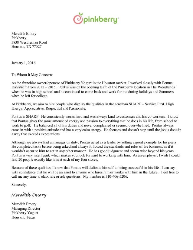letter of recommendation pinkberry emory letter of recommendation