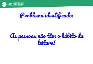 Problema identificado:
As pessoas não têm o hábito da
leitura!
 