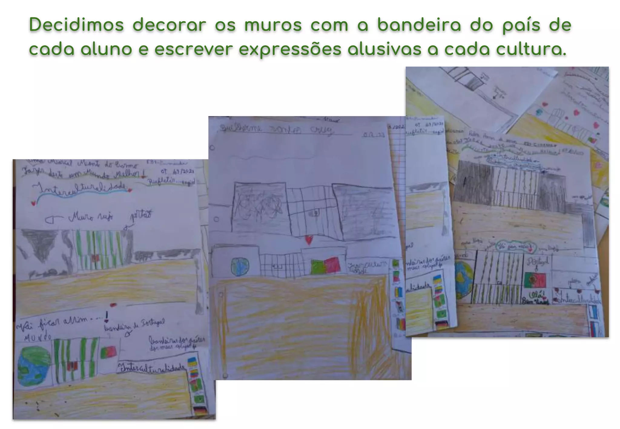 Decidimos decorar os muros com a bandeira do país de
cada aluno e escrever expressões alusivas a cada cultura.