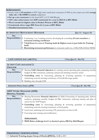 Achievement’s
• Lead a team of 45 members in KFC high street stand-alone restaurant of 5000 sq. feet carpet area with average
daily sale of Rs.155000 in current assignment
• Set up a new restaurant for the brand KFC in C21 Mall Bhopal,
• 115% sales achievement over AOP consistently for a year in 2014-15 at KFC Bhilai
• Won 6 awards for highest sales in Product Promos at KFC, Bhilai
• Consistently above target BSC Score for 2 years at KFC Bhilai
• Handled international visits
AS ASSISTANT RESTAURANT MANAGER (Jan 13 – August 15)
Key
Responsibilities  Conducting 1-on-1 training sessions, developing & counselling 45 team members as
restaurant training coordinator
 7 Gold Score in a row in Training Audit & Highest score in pan India for Training
Audit
 Maximising restaurant performance in restaurant audits (i.e., CER, FER, GES & TMTS)
CAFÉ COFFEE DAY (ABCTCL) 1 Year (Jan-11 - Dec’11)
AS ASST CAFÉ MANAGER L1
GWALIOR
Key
Responsibilities
 Meeting Café’s financial objectives by creating annual operating plan, preparing monthly
budgets & P&L statements, analysing variances & initiating corrective action
 Controlling costs by forecasting, planning & reviewing quantities of preparation,
minimizing waste & ensuring consistency of food & Beverage quality.
 Building sales through LSM
DOMINOS PIZZA INDIA ( JFW) 1 Year (Jan-10 - Dec’10)
ASST STORE MANAGER (ASM)
BHOPAL/INDORE
Key
Responsibilities
 Meeting Restaurants financial objectives by Daily Forecasting of operating plan, delivery
readiness, preparing monthly budgets & P&L statements, analysing training and plan of
action for the AOP Targets.
 Controlling costs by forecasting, planning & reviewing quantities of preparation,
minimizing waste & ensuring consistency of food quality.
 Local store marketing and executing ATL promotion on time in full.
 Executing team training and certifications
Achievement’s
 WON Rolex challenge level 1 at domino’s pizza, DB City Mall Bhopal.
TRAININGS/ CERTIFICATIONS
 Industrial Training, Jaypee Group of Hotels (JPHCA), AGRA, 2007
 