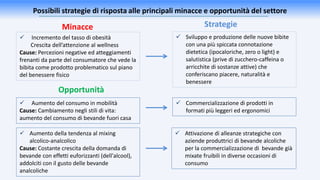Possibili strategie di risposta alle principali minacce e opportunità del settore
 Aumento del consumo in mobilità
Cause: Cambiamento negli stili di vita:
aumento del consumo di bevande fuori casa
 Incremento del tasso di obesità
Crescita dell’attenzione al wellness
Cause: Percezioni negative ed atteggiamenti
frenanti da parte del consumatore che vede la
bibita come prodotto problematico sul piano
del benessere fisico
 Sviluppo e produzione delle nuove bibite
con una più spiccata connotazione
dietetica (ipocaloriche, zero o light) e
salutistica (prive di zucchero-caffeina o
arricchite di sostanze attive) che
conferiscano piacere, naturalità e
benessere
 Commercializzazione di prodotti in
formati più leggeri ed ergonomici
 Aumento della tendenza al mixing
alcolico-analcolico
Cause: Costante crescita della domanda di
bevande con effetti euforizzanti (dell'alcool),
addolciti con il gusto delle bevande
analcoliche
 Attivazione di alleanze strategiche con
aziende produttrici di bevande alcoliche
per la commercializzazione di bevande già
mixate fruibili in diverse occasioni di
consumo
StrategieMinacce
Opportunità
 