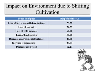 Impact on Environment due to Shifting
Cultivation
Types of impact Respondents (%)
Loss of forest area (Deforestation) 94.55
Loss of top soil 74.55
Loss of wild animals 60.00
Loss of bird species 50.91
Decrease environmental balance 20.00
Increase temperature 23.64
Decrease crop yield 62.27
 