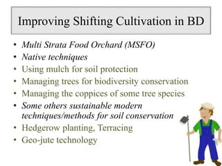 Improving Shifting Cultivation in BD
• Multi Strata Food Orchard (MSFO)
• Native techniques
• Using mulch for soil protection
• Managing trees for biodiversity conservation
• Managing the coppices of some tree species
• Some others sustainable modern
techniques/methods for soil conservation
• Hedgerow planting, Terracing
• Geo-jute technology
 