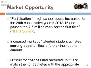 Market Opportunity
 “Participation in high school sports increased for
the 24th consecutive year in 2012-13 and
passed the 7.7 million mark for the first time”
(NFHS Survey).
 Increased market of talented student athletes
seeking opportunities to further their sports
careers
 Difficult for coaches and recruiters to fit and
match the right athletes with the appropriate
Scout
Central
3
 
